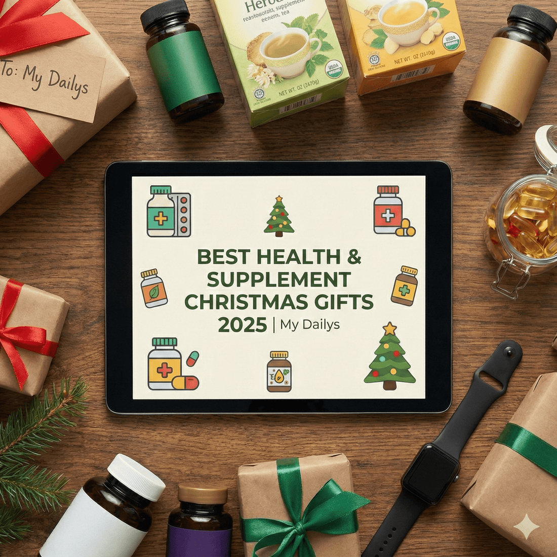 A flat lay photograph of health supplements and Christmas gifts surrounding a tablet displaying the title "BEST HEALTH & SUPPLEMENT CHRISTMAS GIFTS 2025 | My Dailys
