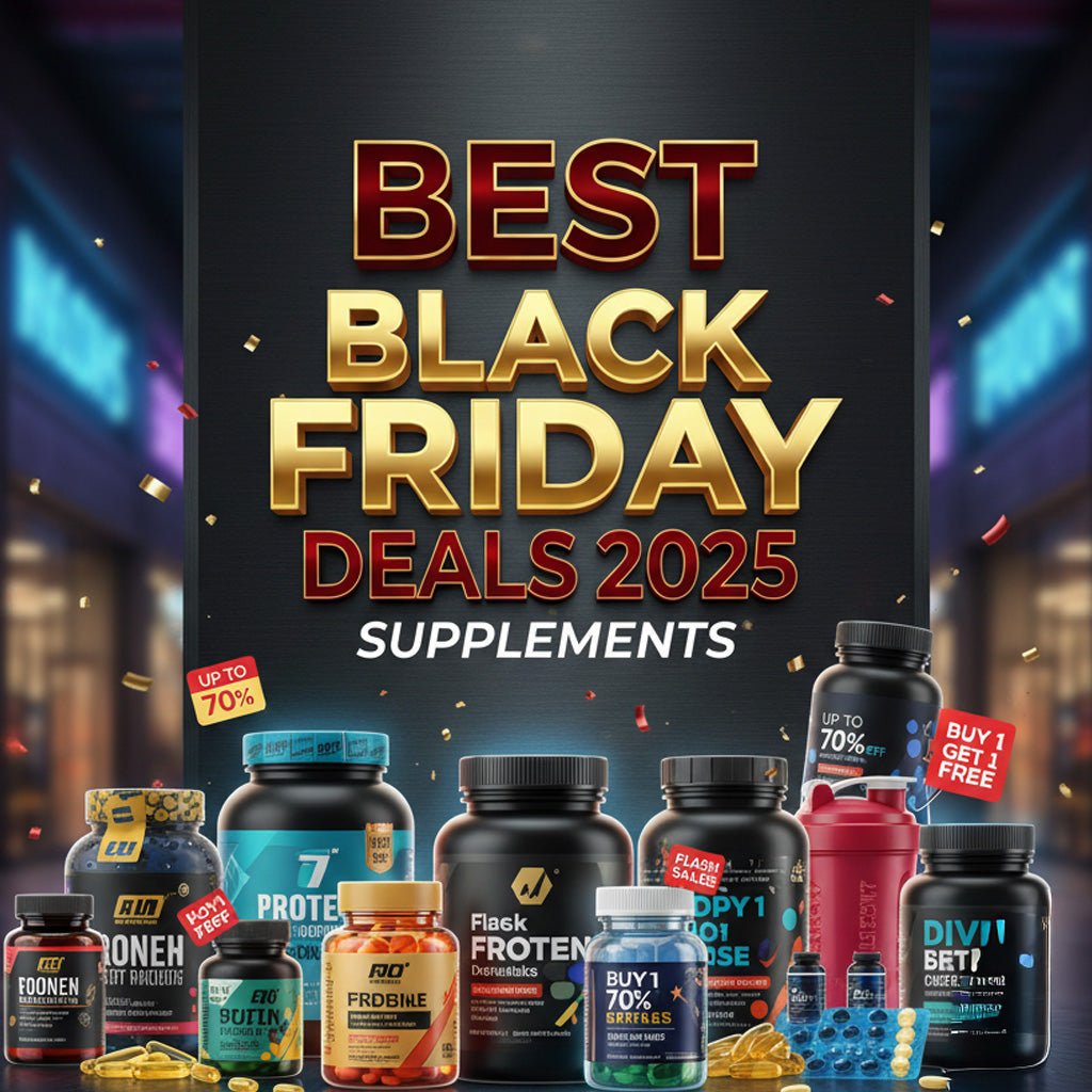 Black Friday 2025 promotional graphic with bold gold and red text and a display of various supplement bottles on a dark, glowing background.