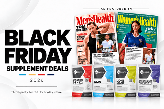 My Dailys Black Friday supplement deals 2026, showing NMN, Lion’s Mane, Vitamin D3 + K2 and Magnesium Glycinate alongside Men’s Health and Women’s Health magazine features.