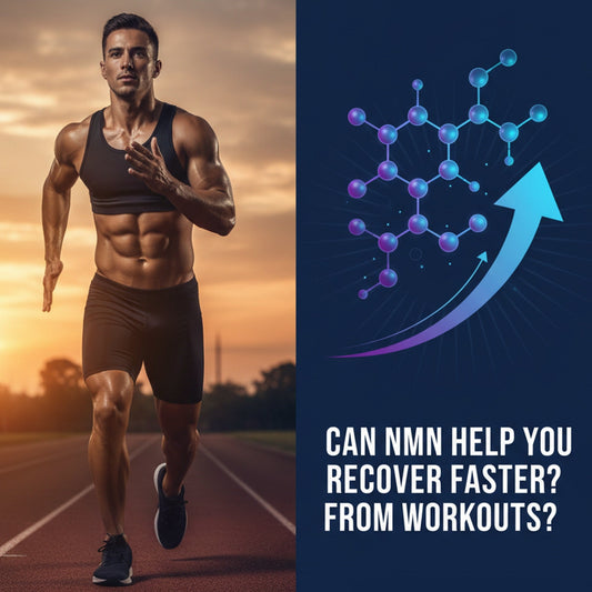 Runner on a track with an NMN molecule and arrow, asking "Can NMN help you recover faster from workouts?