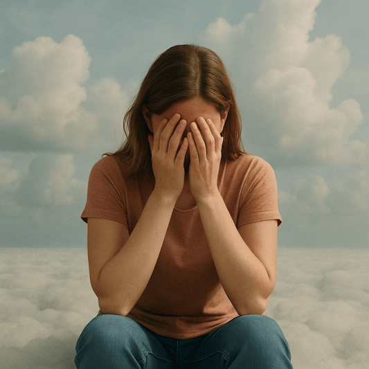 Woman with anxiety sitting on clouds in a surreal environment, representing stress relief and natural supplements for anxiety and emotional wellness in 2025.
