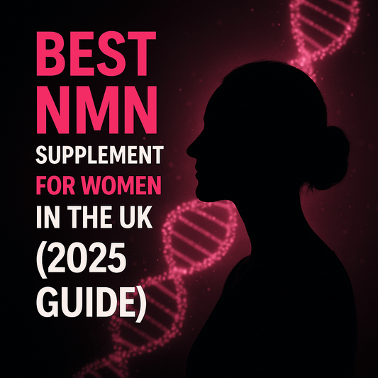 Silhouette of a confident woman with glowing pink DNA helix on a black background, blog header text ‘Best NMN Supplement for Women in the UK (2025 Guide)