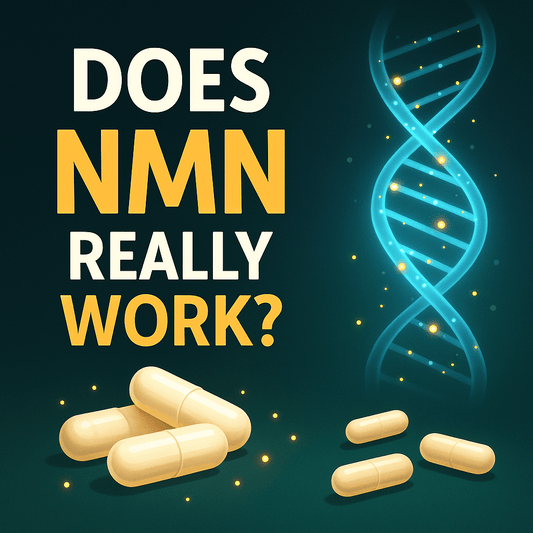 Blog graphic with glowing DNA helix and supplement capsules in a futuristic blue and purple design, centered text overlay ‘Does NMN Really Work? Benefits, Research & What to Expect in 2025