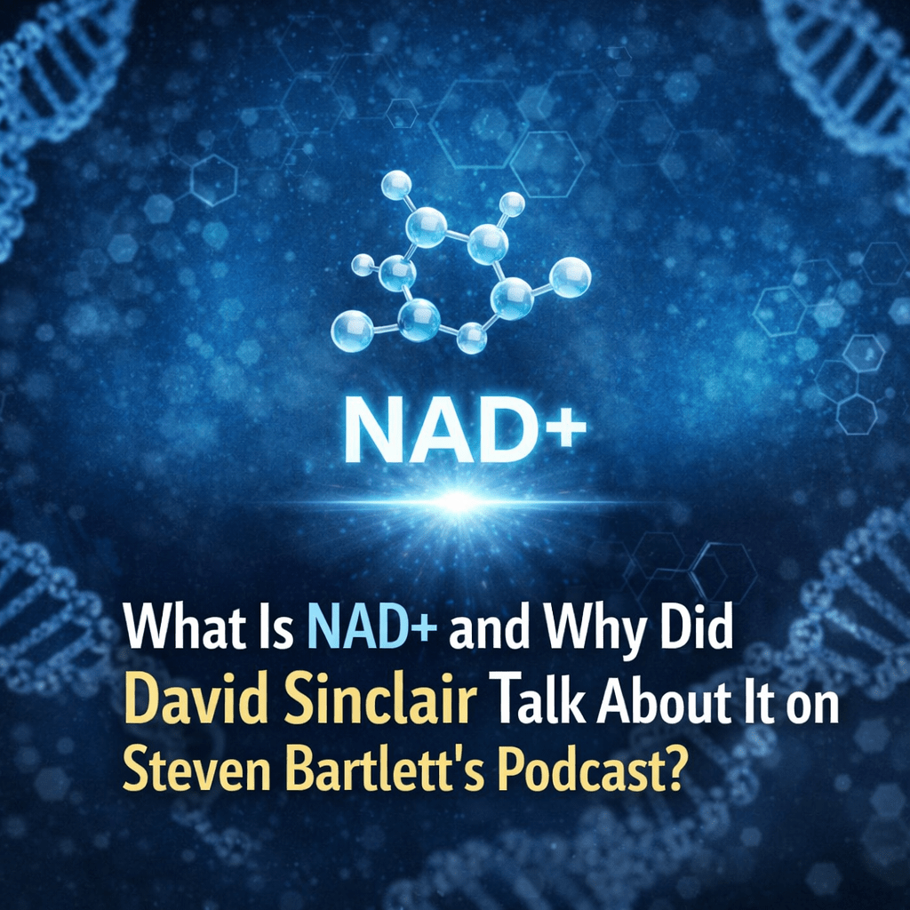 Blue science-themed graphic featuring a glowing NAD+ molecule, DNA strands and the title “What Is NAD+ and Why Did David Sinclair Talk About It on Steven Bartlett’s Podcast?”