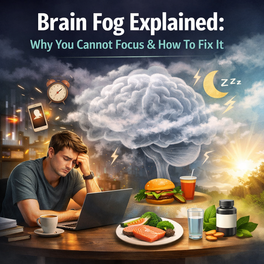 Illustration of a tired man working on a laptop with a foggy brain cloud above his head, surrounded by lifestyle icons like sleep, nutrition, sunlight and supplements, representing mental fatigue and ways to improve focus
