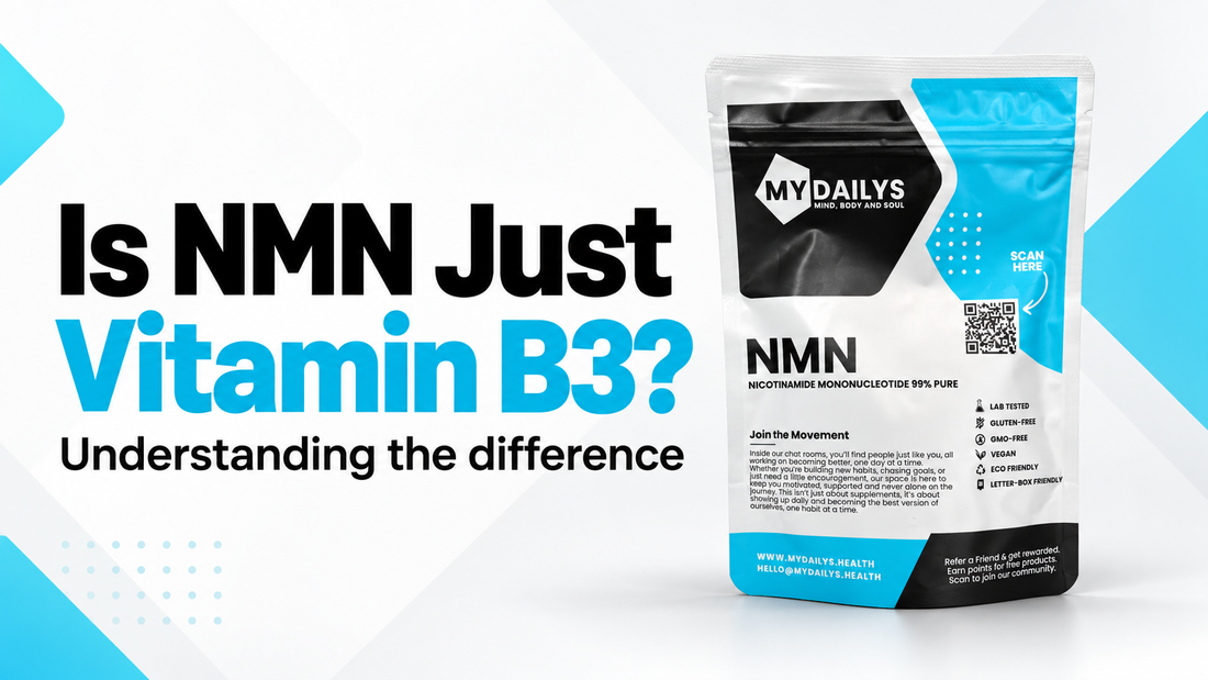 My Dailys NMN pouch beside the headline “Is NMN Just Vitamin B3? Understanding the difference” on a white background with blue accents.