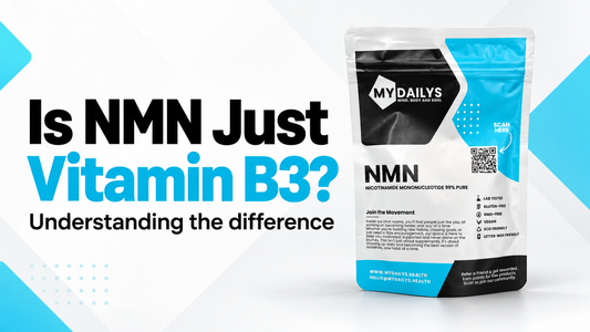 My Dailys NMN pouch beside the headline “Is NMN Just Vitamin B3? Understanding the difference” on a white background with blue accents.