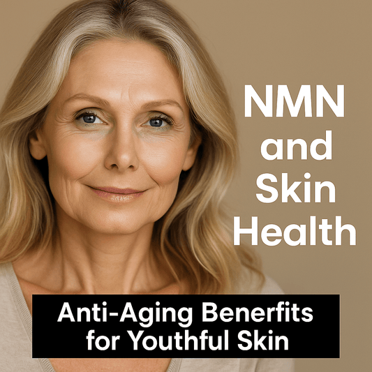 Realistic woman with glowing youthful skin, DNA helix and molecules in the background representing NMN benefits for skin health and anti-aging in 2025