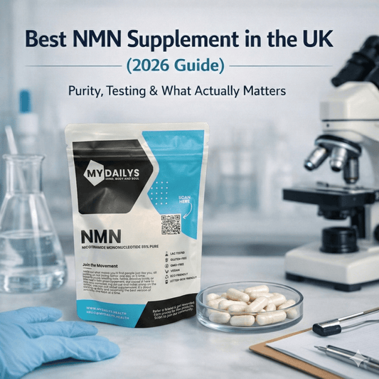 My Dailys NMN supplement pouch shown exactly as sold, photographed in a laboratory setting with capsules, microscope and testing equipment for a 2026 UK NMN purity and testing guide