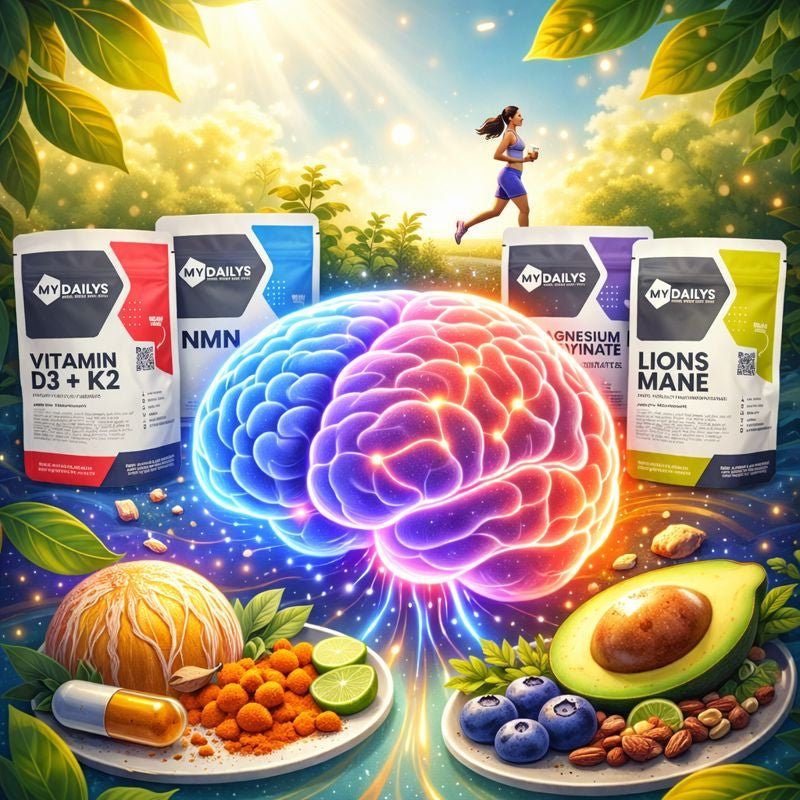 Glowing brain illustration surrounded by My Dailys supplements including NMN, Lion’s Mane, Magnesium Glycinate and Vitamin D3 + K2, representing brain health, focus and mental clarity.