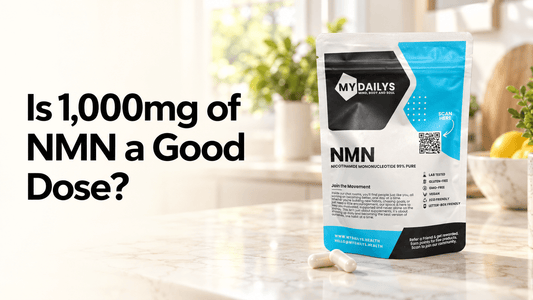 My Dailys 99% pure NMN supplement pouch with two capsules beside it, alongside the text “Is 1,000mg of NMN a Good Dose?”