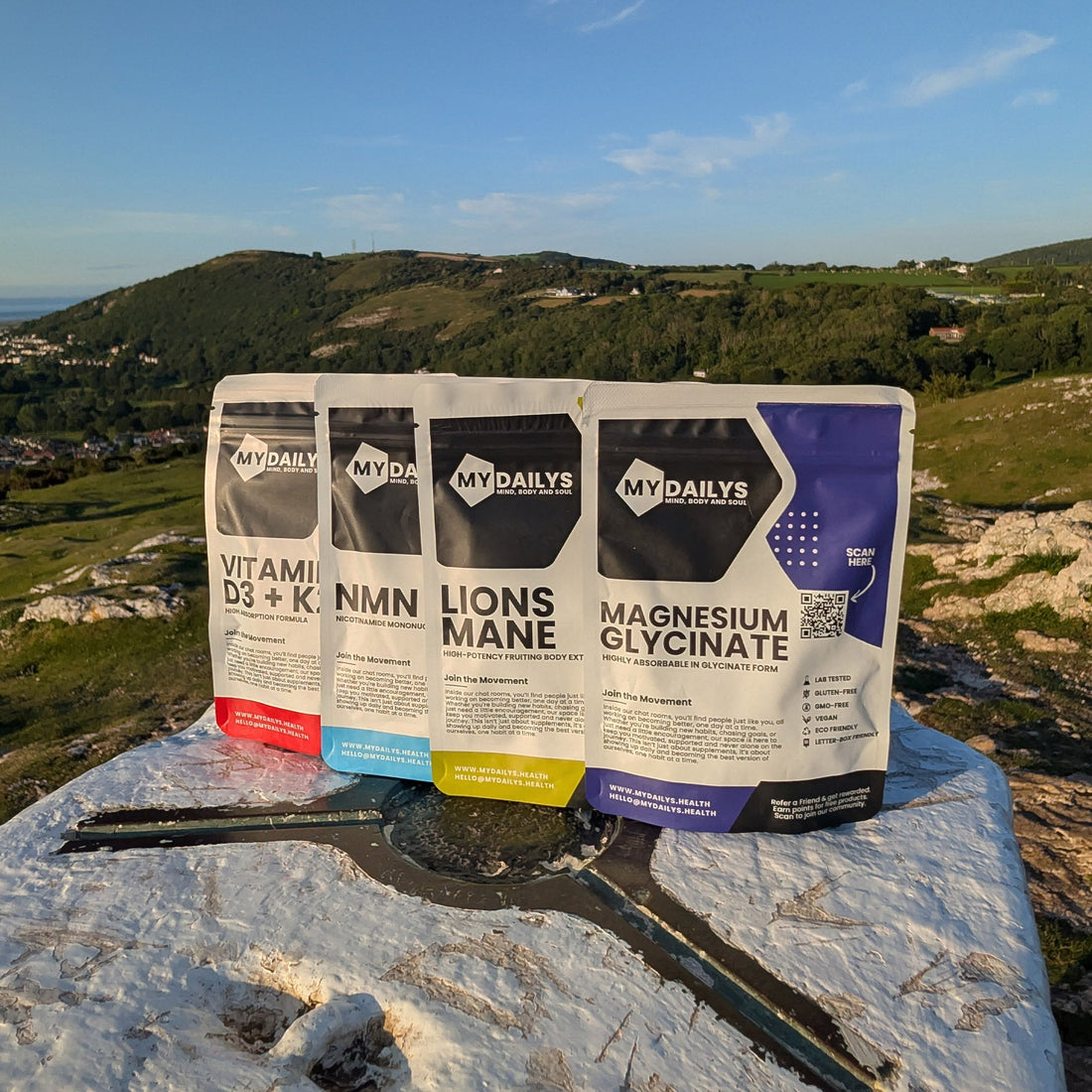 My Dailys core supplement stack featuring Vitamin D3 + K2, NMN, Lion’s Mane and Magnesium Glycinate, supporting energy, focus, sleep and immunity.