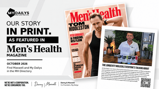 My Dailys blog banner showing the October 2026 Men’s Health cover with Tom Hiddleston and the MH Directory feature with co-founder Maxwell and the four-supplement stack.