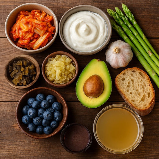 Top view of gut health foods including kimchi, Greek yogurt, sauerkraut, blueberries, avocado, asparagus, garlic, sourdough bread, and bone broth — natural foods to support gut health and digestion.