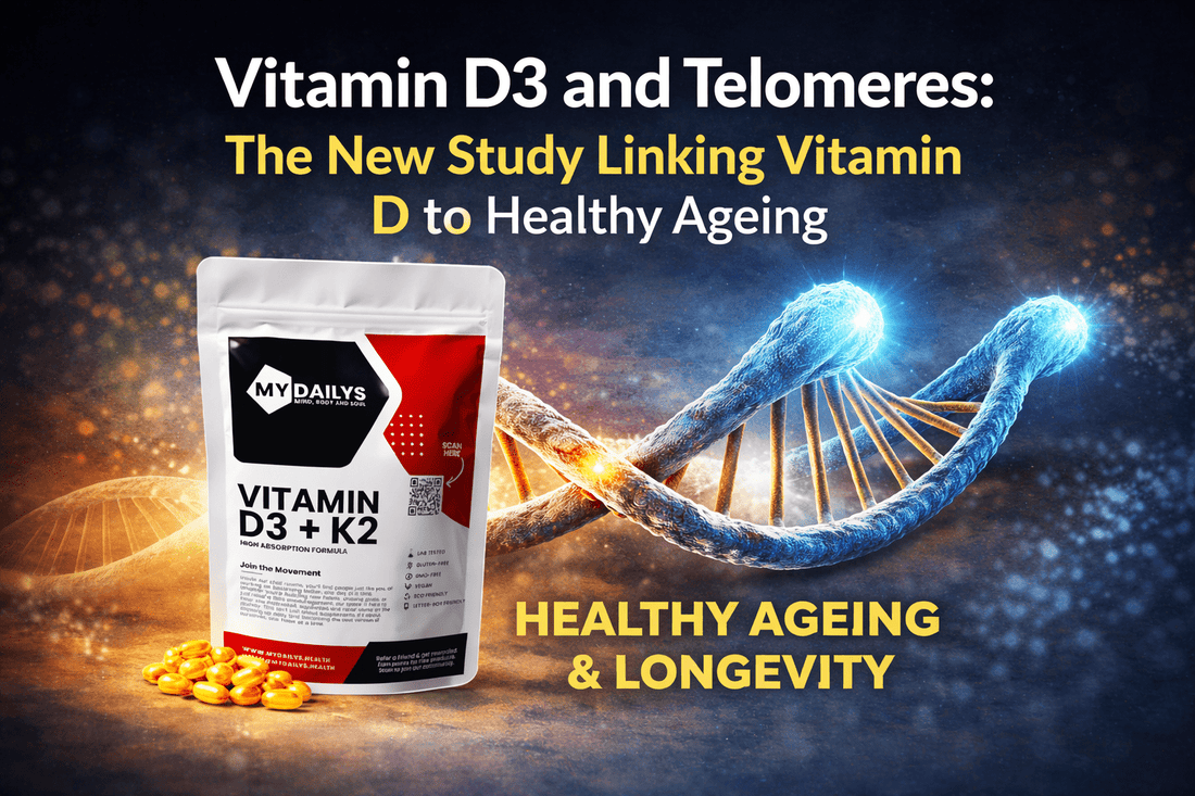 Vitamin D3 + K2 pouch beside a glowing DNA strand with text about telomeres, healthy ageing and longevity.