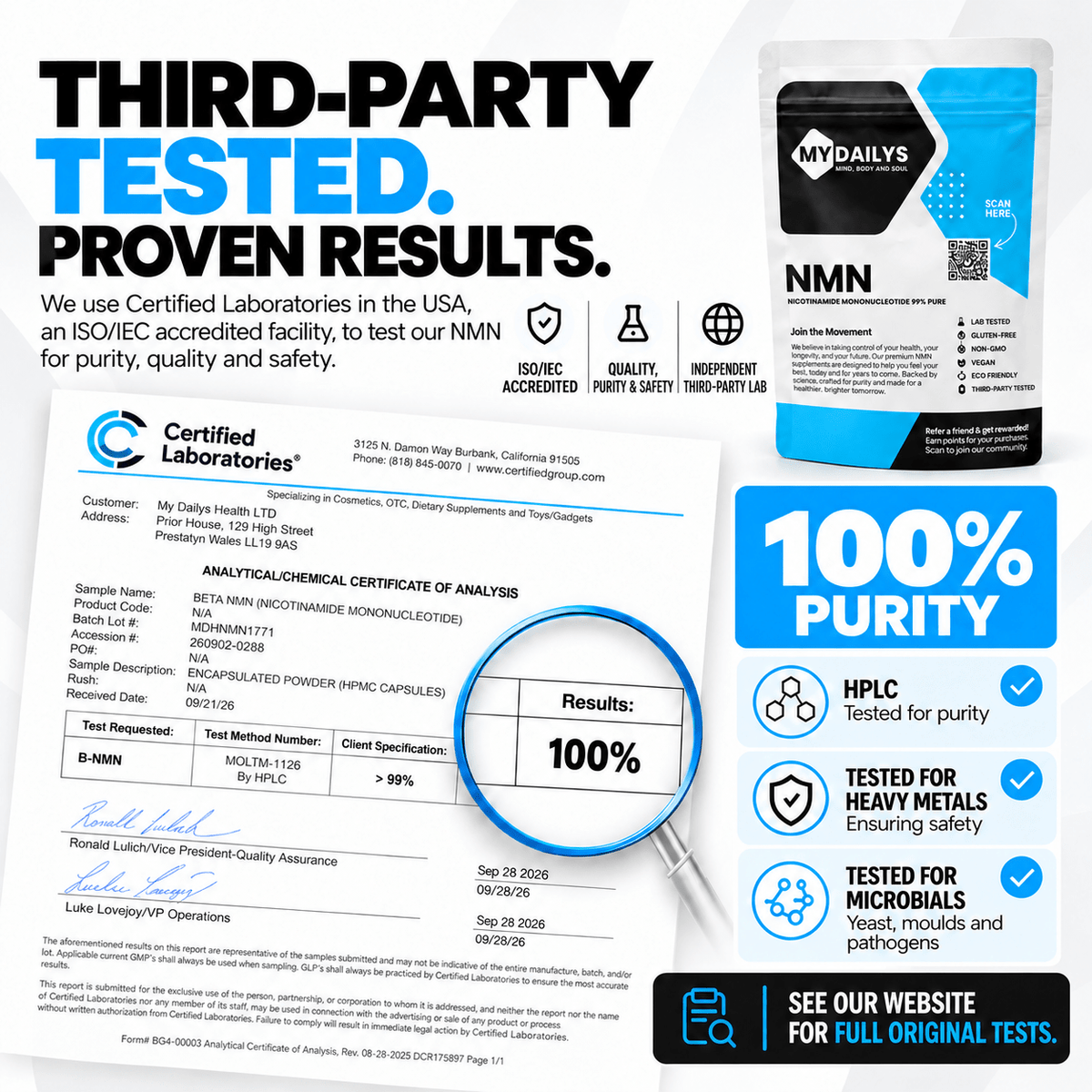 My Dailys NMN third-party testing and purity information for 500mg vegan capsules