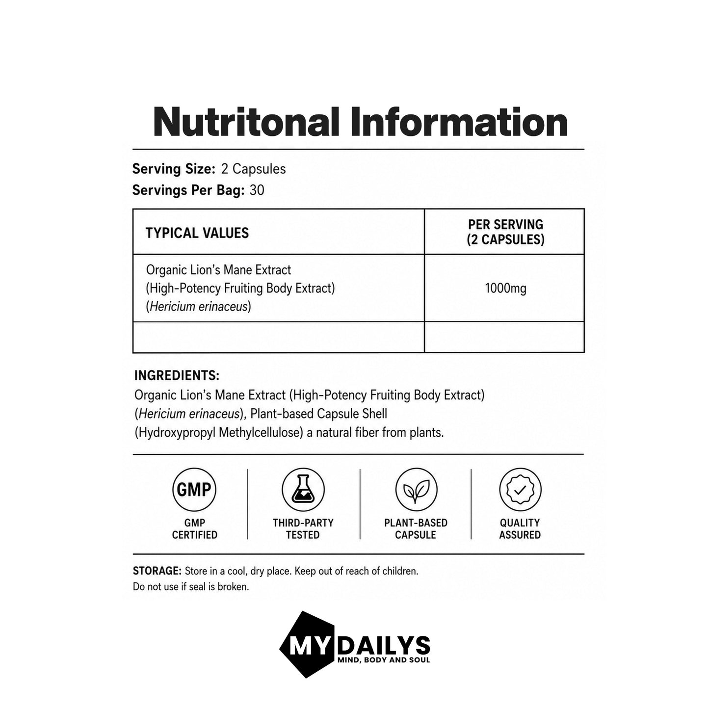 Lions Mane Supplement | Vegan Capsules | My Dailys Health Wellness