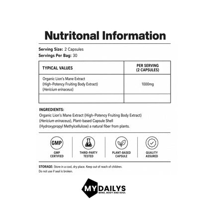 Lions Mane Supplement | Vegan Capsules | My Dailys Health Wellness