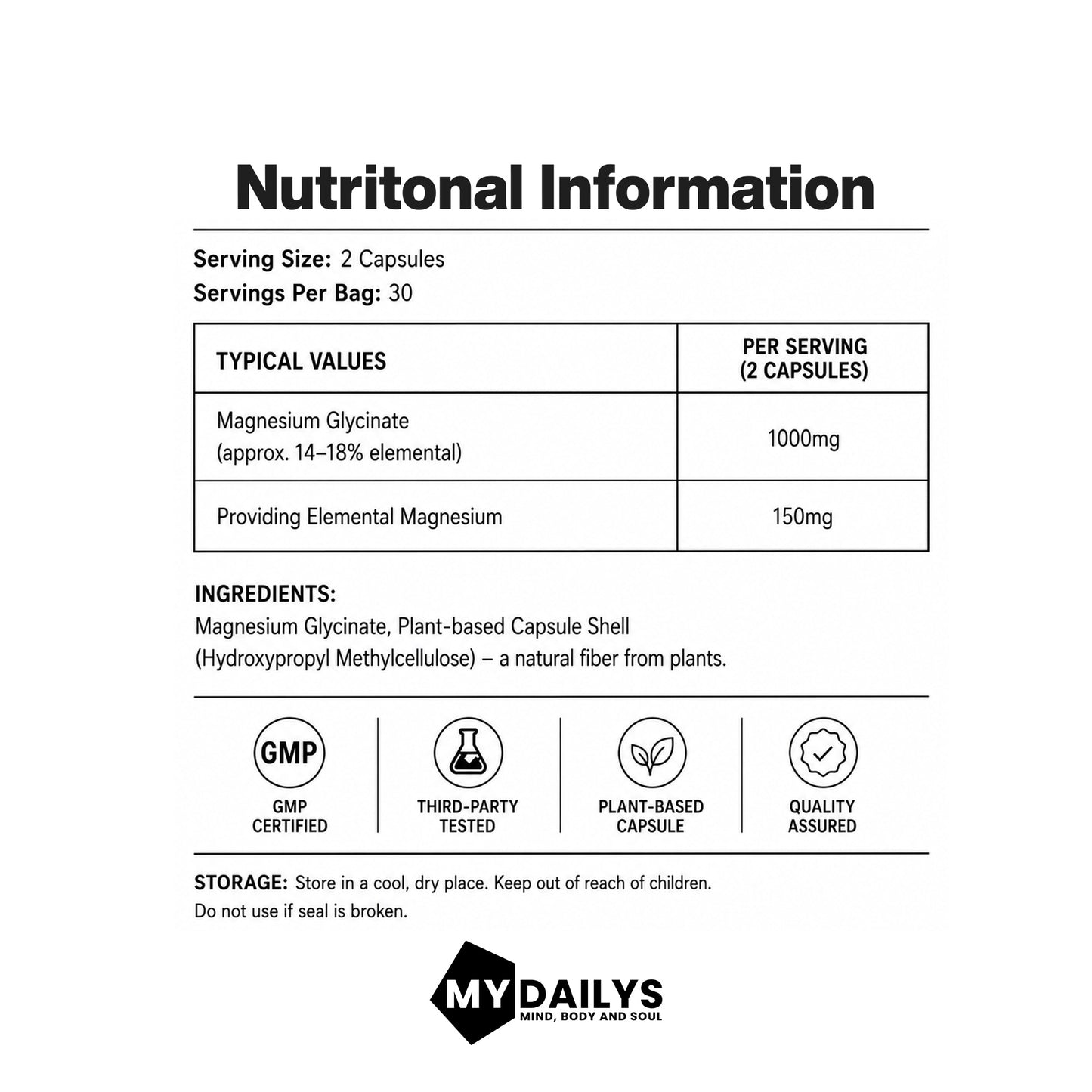 Magnesium Glycinate Supplement | Vegan Capsules | My Dailys Health Wellness