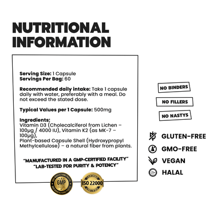 Vitamin D3 + K2 Supplement | Vegan Capsules | My Dailys Health Wellness