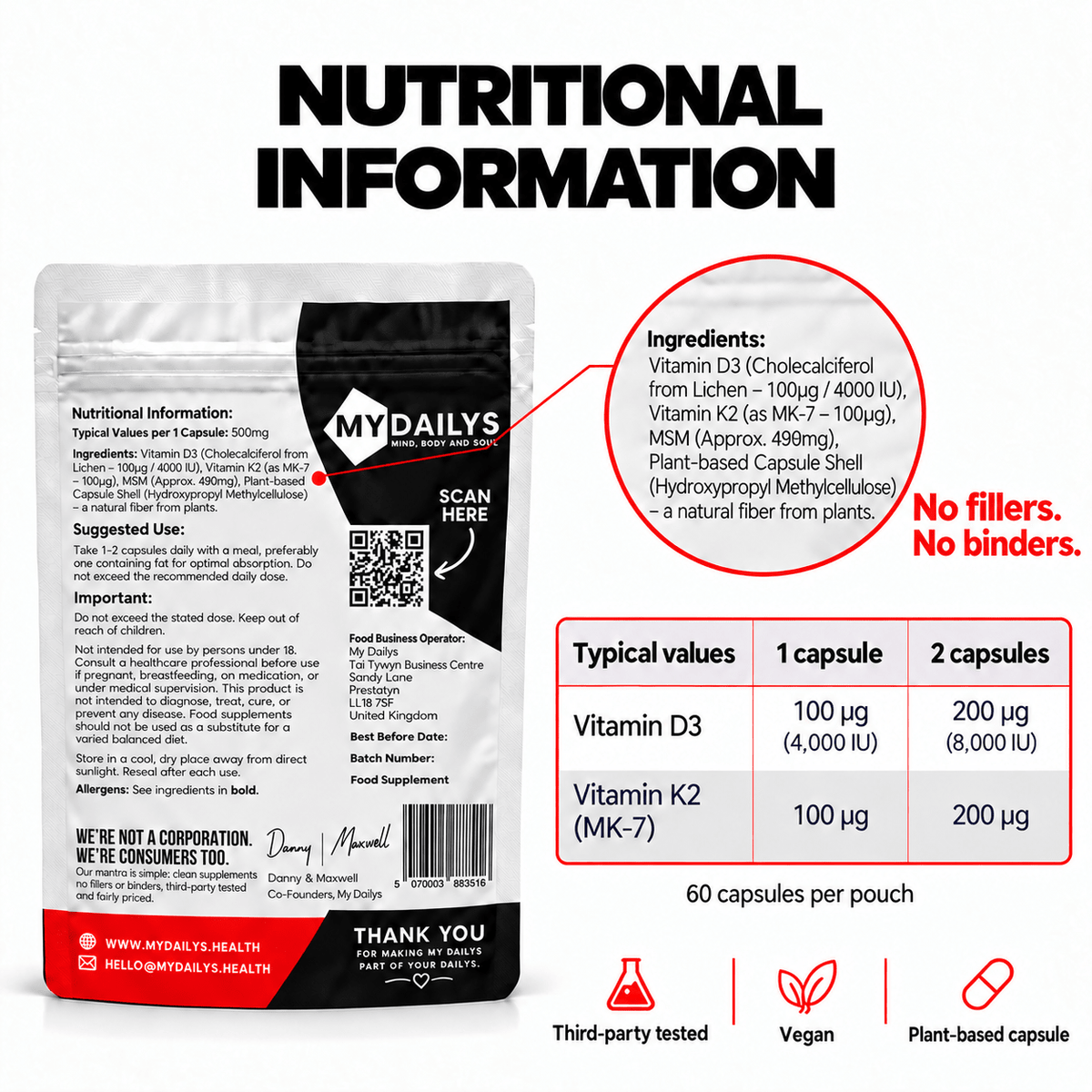 Vitamin D3 & K2 Supplement | Vegan Capsules | My Dailys Health Wellness